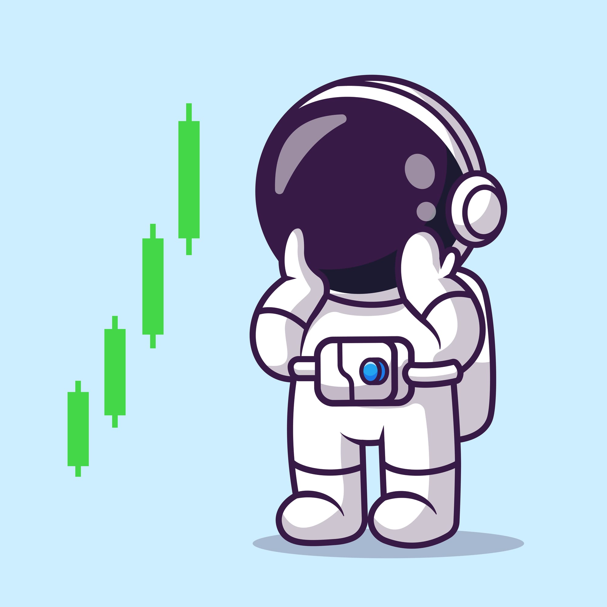 Cartoon astronaut gasps in astonishment at candlestick graph.